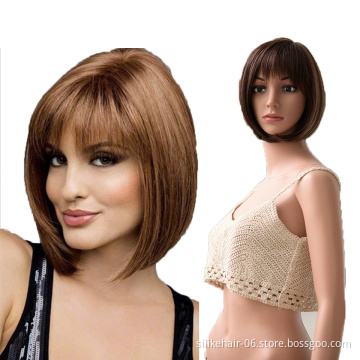 High Quality Ombre Ash Brown Color Machine Made Short Bob Wigs With Bangs For Women Daily Use Heat Resistant Synthetic Wig